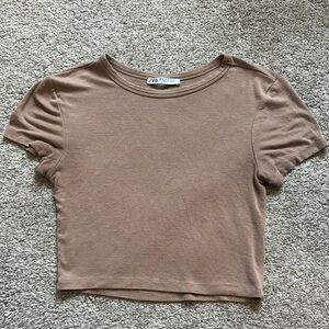 Zara Brown Short Sleeve Crop T-Shirt